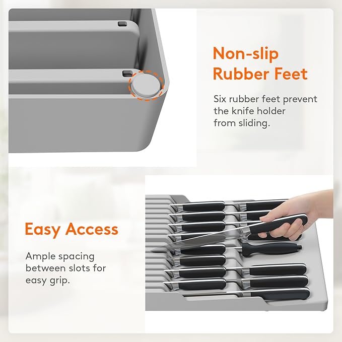 Lifewit Magnetic Drawer Knife Organizers Insert, Kitchen Plastic In Drawer Knife Block Slots, Steak Chefs Knives Holder Storage for 16 Knives and 1 Sharpening Steel, Extra Large, Gray, 16.5"/42 cm(W)
