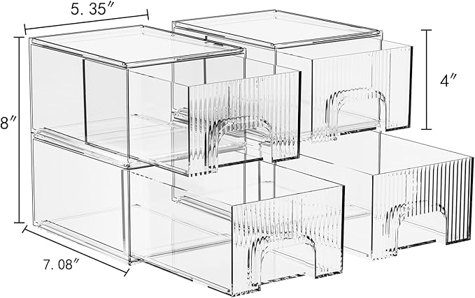 4 Pack Clear Stackable Storage Drawer, Acrylic Drawer, Cosmetic Organizer