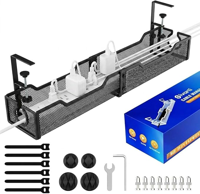 Upgraded 25.2'' Under Desk Cable Management Tray, No Drill Clamp-On Design Wire Organizer, Cable Organization Box for No Damage to Desk, Metal Cord Organizer for Home Office, Black