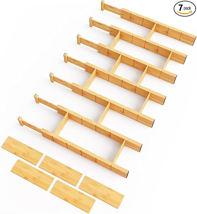 SpaceAid Bamboo Drawer Dividers with Inserts and Labels, Kitchen Adjustable Drawer Organizers, Expandable Organization for Home, Office, Dressers, 7 Dividers with 15 Inserts (17"-22" Natural)