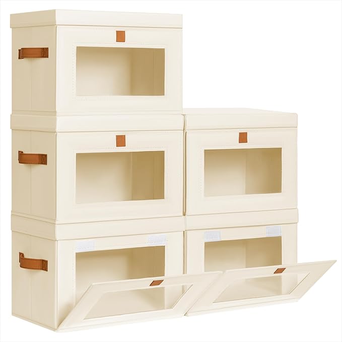 Homsorout Small Fabric Storage bins - Collapsible Storage Bins with Open Window, 5 Pack Closet Baskets for Shelves, Stackable Decorative Boxes for Home, Dorm, Beige, 13.7"x 9.8" x 9.8"