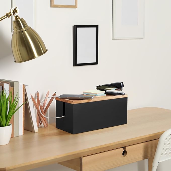 Cable Management Box Medium, Wooden Cord Organizer Box for Desk, Floor