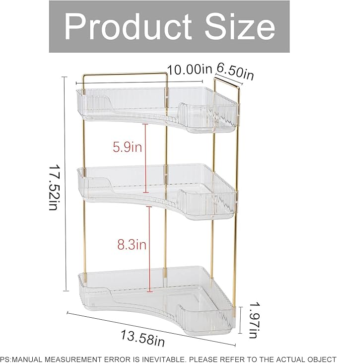 Corner Bathroom Countertop Organizer, Vanity Trays for Counter, Clear, 3 Tiers