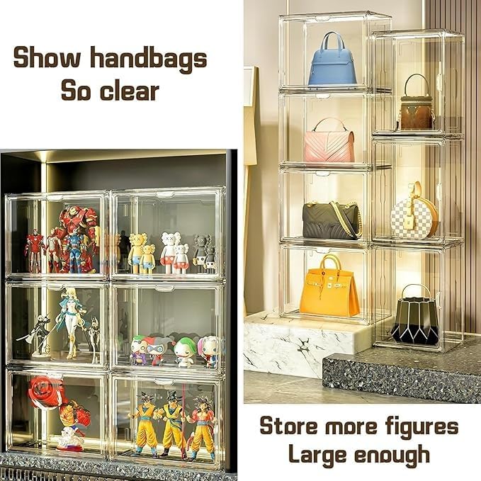 ZLLZUU Clear Stackable Plastic Storage Bins with Lid, Dustproof Book Cosmetic Acrylic Display Cases with Magnetic Door, Large Figures Collectibles Showcase