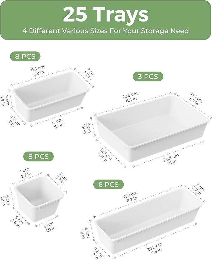 25 PCS Plastic Drawer Organizers Set, 4-Sizes Vanity and Makeup Organizer, White