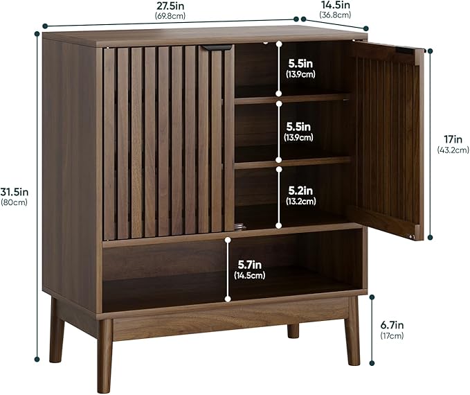 Kiasthome Shoe Storage Cabinet with Adjustable Shelves, Wooden Shoe Organizer, Shoes Rack for Entryway, Hallway, Living Room (Walnut, 27.56" W)