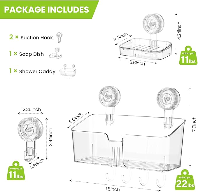 LUXEAR Shower Caddy Suction Cup, No Drilling Strong Hold Shower Organizer with Hooks & Soap Dish Fast Draining Removable Reusable Bathroom Storage Shelf Friendly for Bathroom/Kitchen/RV 22LBS Capacity