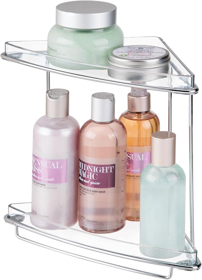 mDesign Steel/Plastic Freestanding Countertop Corner Shelf Organizer with 2-Tier Storage for Bathroom, Vanity, Cabinet, Counter - Holds Makeup, Bath Gel - Prism Collection - Clear