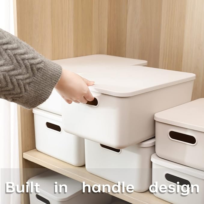 Yishyfier Plastic Storage Baskets With Lid Organizing Container Lidded Knit Storage Organizer Bins for Shelves Drawers Desktop Closet Playroom Classroom Office (4M+2S, Light grey)