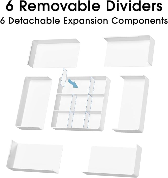 Expandable Drawer Organizer, Width (10.6"-20.1") Depth (11"-20.1"), Plastic Makeup Drawer Organizer with 6 Removable Dividers, Silverware Organizer, Great for kitchen and Bathroom Drawers