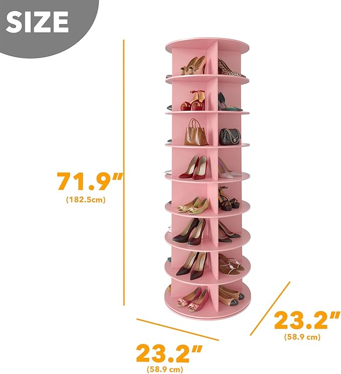 8 Tier Rotating Shoe Rack Tower, Spinning Shoe Display Lazy Susan, 8-Tier Pink