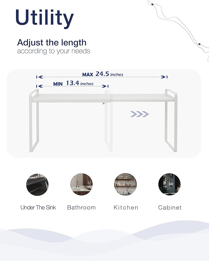 Nxconsu Cabinet Shelf Organizer Expandable, 12 Inch Deep Adjustable 13 to 24 Inch Metal Shelf Riser for Kitchen Pantry Cupboard Countertop Under Sink, Heavy Duty Stackable Storage Rack, White