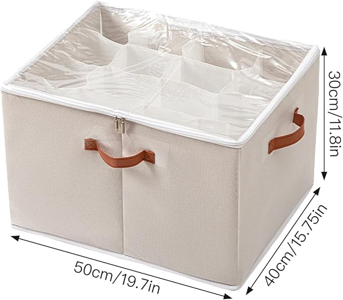 2 Pack Shoe Organizer for Closet - under bed storage shoe organizer with Adjustable Dividers and Clear Cover, Stackable shoe rack Fit 16 to 32 Pairs for dorm room essentials (cream-colored, 16 grids)