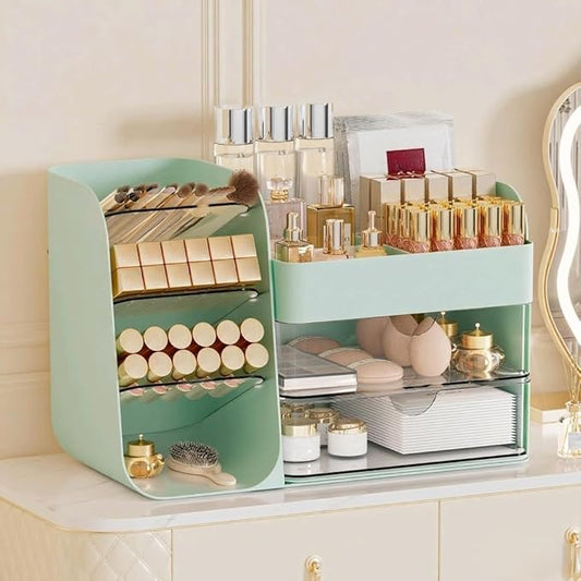 Makeup Organizer with 2 M Drawers & Brush Holders, Green, M