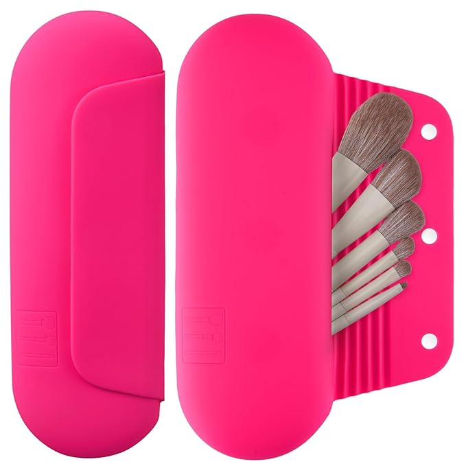 AGIKET Silicone Makeup Brush Holder Travel Cosmetic Bag：Soft Portable Cosmetic Face Brushes Holder with Upgrade Anti-Fall Out Magnetic Closure, Large Travel Makeup Brush Case - Babbie Pink