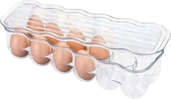 mDesign Stackable Plastic Covered Egg Tray Holder, Storage Container and Organizer for Refrigerator - Dozen-Section Carrier Bin with Lid and Handle - Holds 12 Eggs - Clear