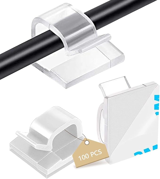 Abnii 100PCS Cable Clips, Adhesive Wire Clips Organizer Cord Clips Management, Cable Staples Outdoor Strong for Wall, Desk, Christmas Lights, String Lights, TV PC Ethernet Cable, Clear Large