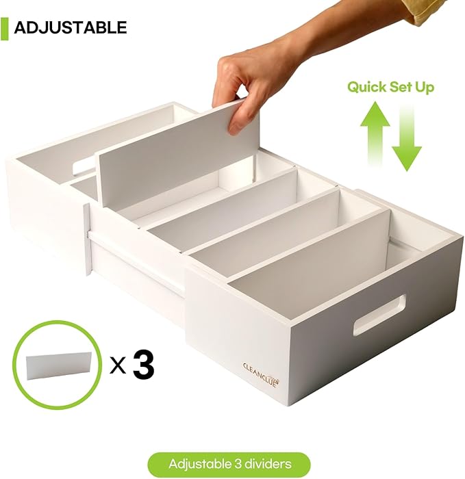 CLEANCLUE Expandable Kitchen Cabinet Organizer for Food Storage Container Lids, Bamboo Drawer Caddy Adjustable Dividers, Box for Kitchen Storage and Organization, Lids Organizer for Cabinet (White)