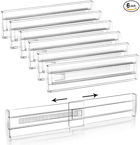 6 Pack Adjustable Drawer Dividers(11.34-19.88") 3.15" Expandable Clear Drawer