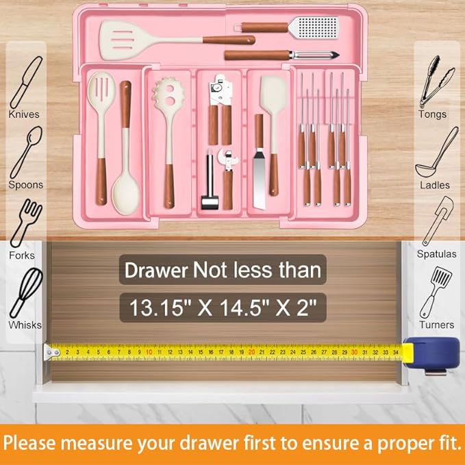 Utensil Drawer Organizer for Kitchen, Pink