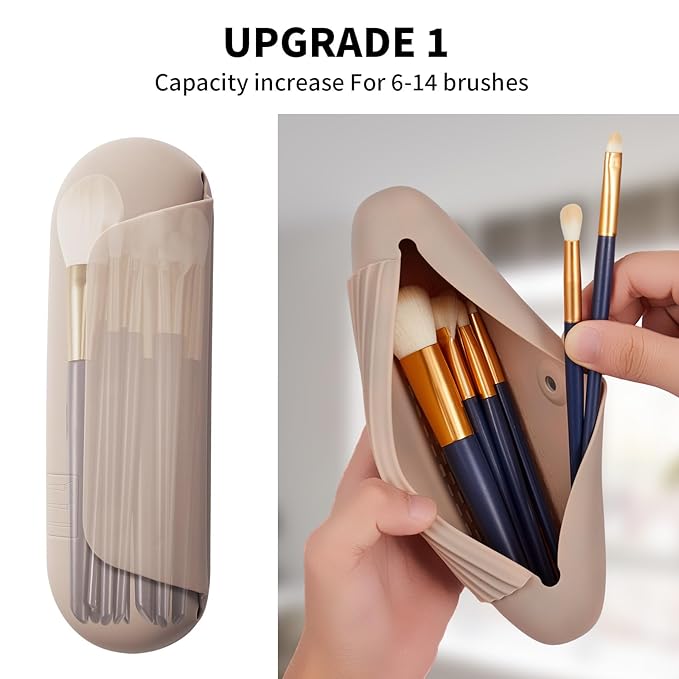AGIKET 2 IN 1 Silicone Makeup Brush Holder with Beauty Make Up Sponge Holder Case：Soft Portable Cosmetic Face Brushes Holder with Upgrade Anti-Fall Out Magnetic Closure - Walnut