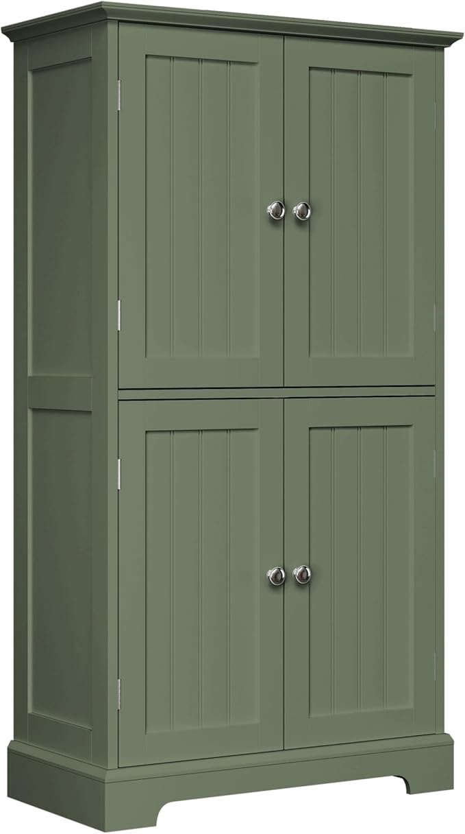 ChooChoo Bathroom Floor Cabinet, Modern Bathroom Storage Cabinet with 4 Doors and Adjustable Shelves, Freestanding Cupboard for Living Room, Green