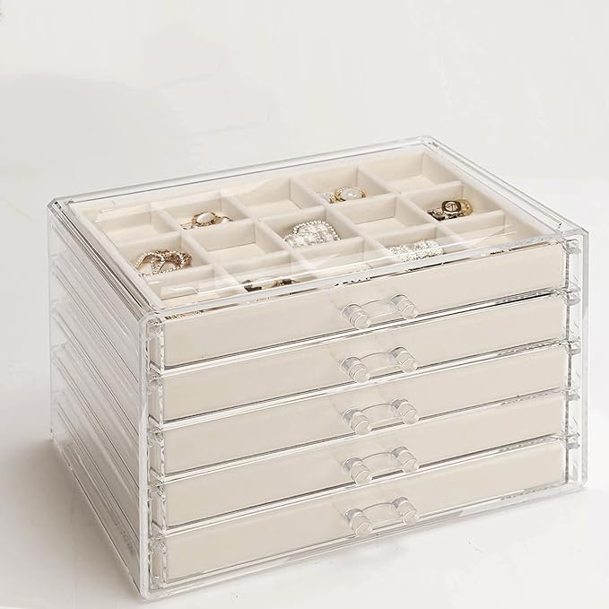 5 Drawers Clear Jewelry Box for Women and Girls, Mother's Day Warm White