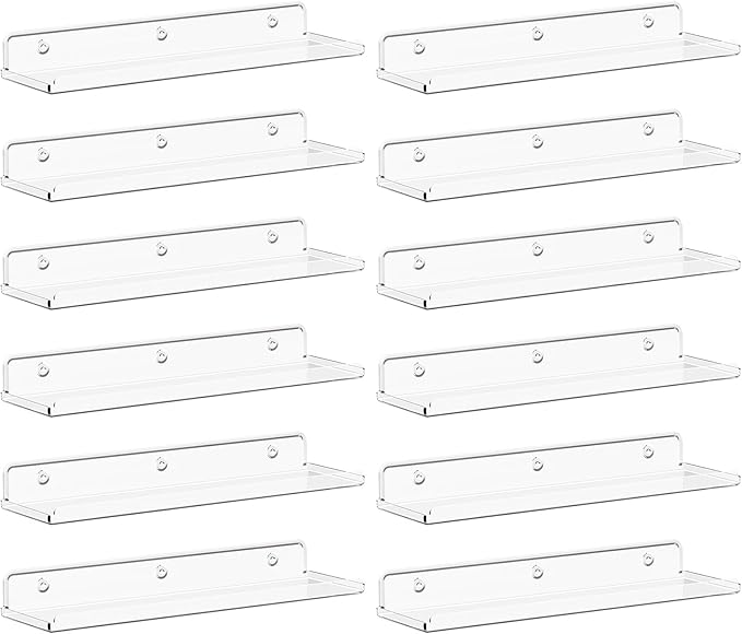 Lifewit Floating Shelves for Wall, Acrylic Display Shelf Wall Mounted for Figure, Car, Art, Book, 14" Perfume Organizer for Bathroom, Bedroom, Living Room, Nursery, Home Decor, Clear, 12 Pack