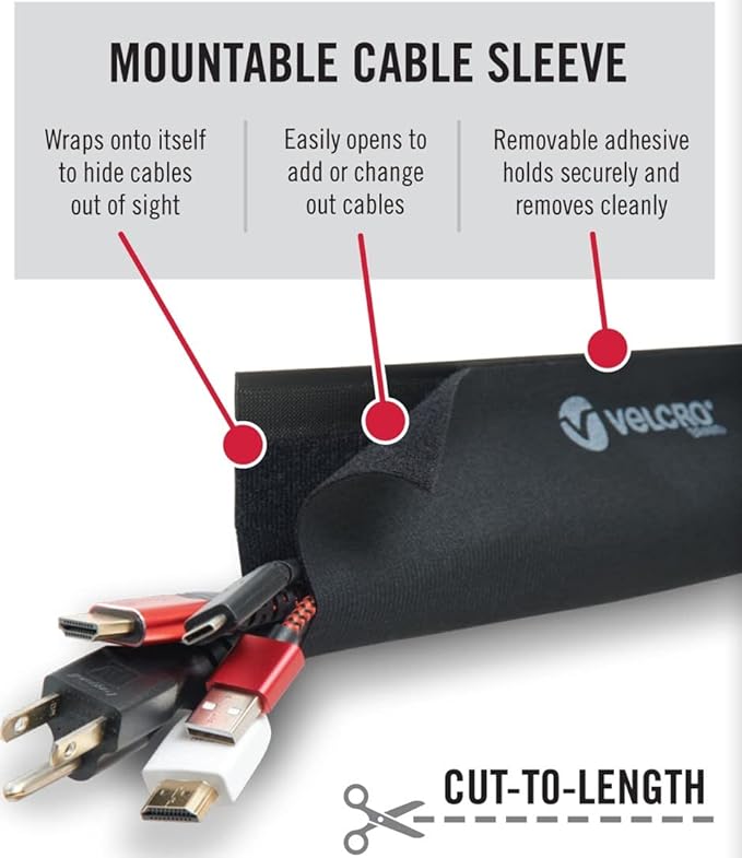 VELCRO Brand VEL-30797-USA Mountable Cable Sleeve | Cord Management Mounts on Walls, Desk or Entertainment Center | Removable Adhesive is Damage Free | 12in Black, 2pk, 12in-2Pk