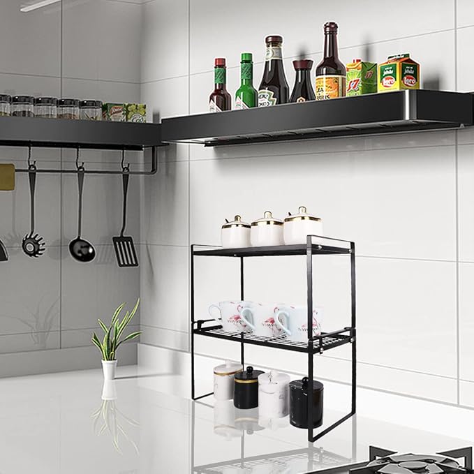 2 Pack Stackable Cabinet Shelf Organizer - Heavy-Duty Coated Metal Storage Rack, Non-Slip Space-Saving for Kitchen Pantry, Under Sink, Cupboard, Countertop (Black)