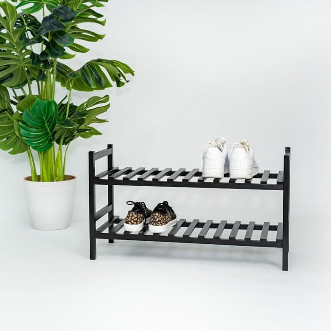 PJ Wood Stackable Wooden Shoe Rack Organizer for Closet Storage, Entryway Shelves, Tiered Cabinet for Shoes, 6 Pair Capacity, Black