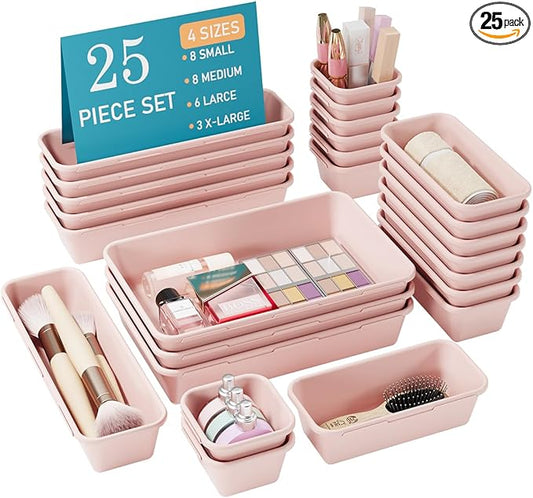 Kutesna 25 PCS Pink Drawer Organizer Set, 4 Size Interlocking Plastic Storage Bins for Office Supplies, Jewelry Makeup Vanity, Bathroom Kitchen, Home Organization Closet, Gadgets Small Items