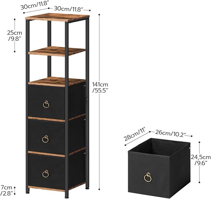 HOOBRO Bathroom Floor Cabinet, Bathroom Organizer and Storage Rack Stand, 3 Drawers Free-Standing Cabinet for Bathroom, Living Room, Rustic Brown and Black BF140CW01