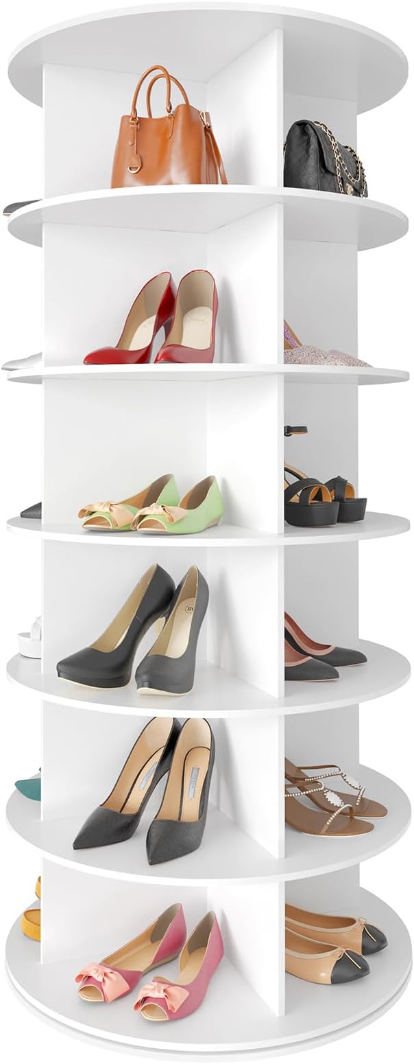 6 Tier Rotating Shoe Rack Tower, Spinning Shoe Display Lazy Susan, 6-Tier White
