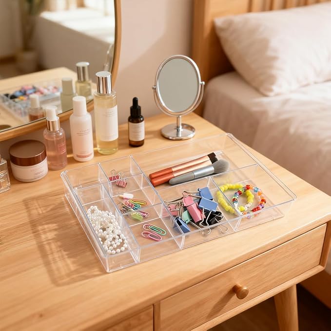 Acrylic Drawer Organizer, 8-Section Clear Acrylic Drawer Divider Tray Makeup Tray Organizer for Office Bedroom Drawers