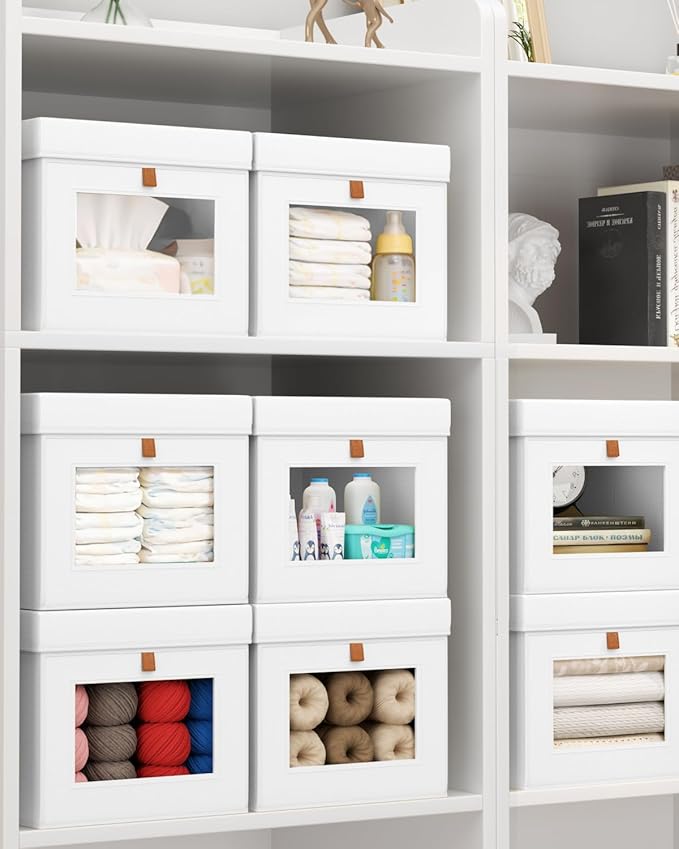 Homsorout Storage Bins with Lid – Closet Organizer with Side Opening and Clear Window, Foldable Stackable Fabric Basket for Clothes, Home, Office - 13.77" x 11.8" x 9.8", 6 Pack, White