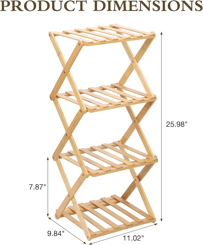 Bamboo Shoe Rack 4 Tier Foldable Shoe Rack Vertical Bamboo Shoe Organizer Free Standing Shelf for Entryway, Closet, Bedroom, Wood Color