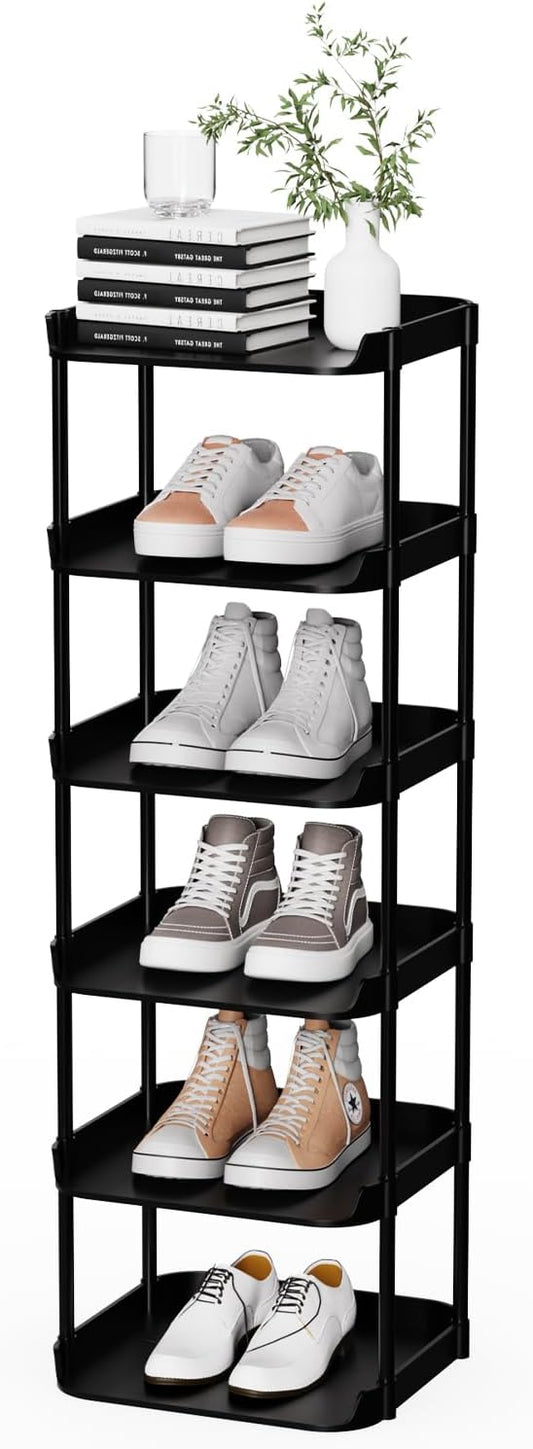 6 Tier Vertical Narrow Shoe Rack, Stackable Tall Skinny Shoerack, Compact Single Shoes Storage Tower for Slim Space, Corner Plastic Shelves, for Hallways, Entryway, Bedrooms Organizer, Black