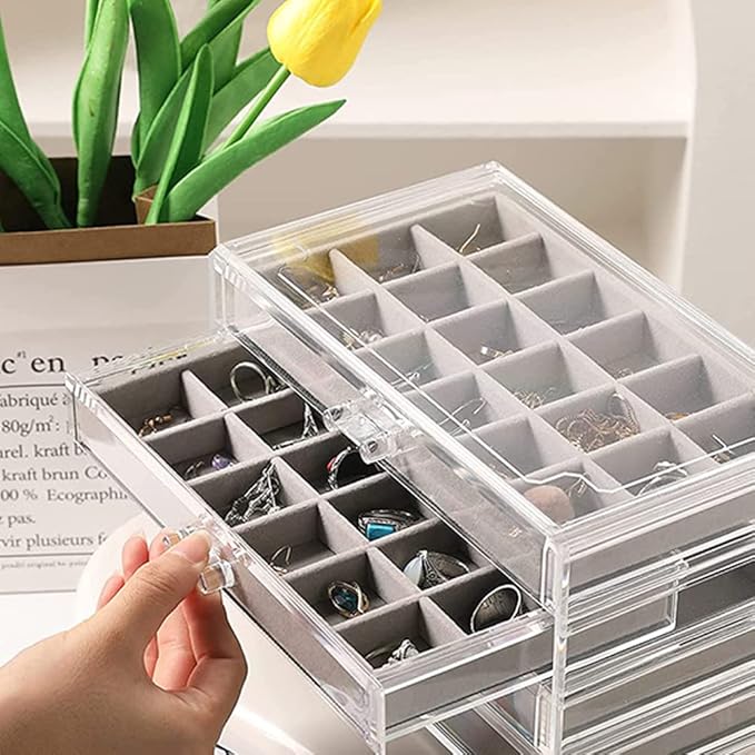 YUFONG Earring Organizer Box Acrylic Jewelry Organizer with 3 Drawers 54 Adjustable Grids Clear Stackable Earring Holder Velvet Trays Ring Display Case for Women Girls (Gray)