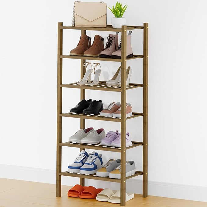 Smiry Small Bamboo Shoe Rack, 6 Tier Free Standing Wooden Shoe Organizer, Stackable Wood Shoe Storage Shelf for Closet, Entryway, 14 Vertical Slats, 2+2+2 Stack Thicker Legs, 17.3"x11"x39", Walnut