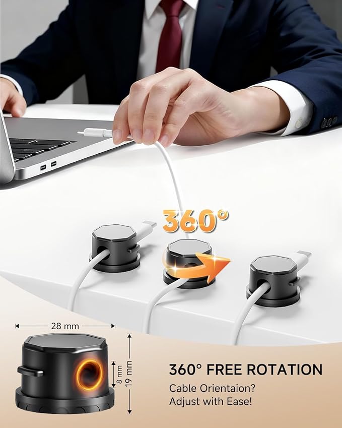 Cord Organizer Holder, 360° Rotatable Magnetic Cable Clips, Strong Adhesive Cable Management Desk Accessories, Adjustable Wire Organizer Hide Cords Neatly for Nightstand/Home/Kitchen/Office/Car