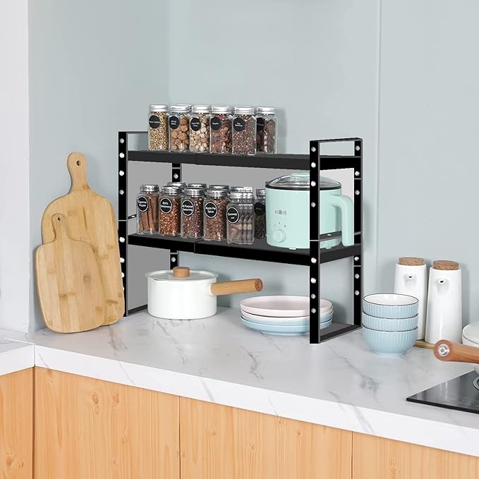Jojocross Expandable Stackable Spice Rack Cabinet Shelf Organizer in Cabinets Shelves Kitchen Cupboard Organization Stack up Racks Pantry Countertop Storage Large/Black 1 Pack
