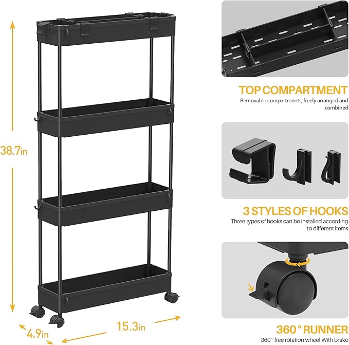 Slim Storage Cart 4 Tier, Bathroom Organizer Rolling Utility, Black