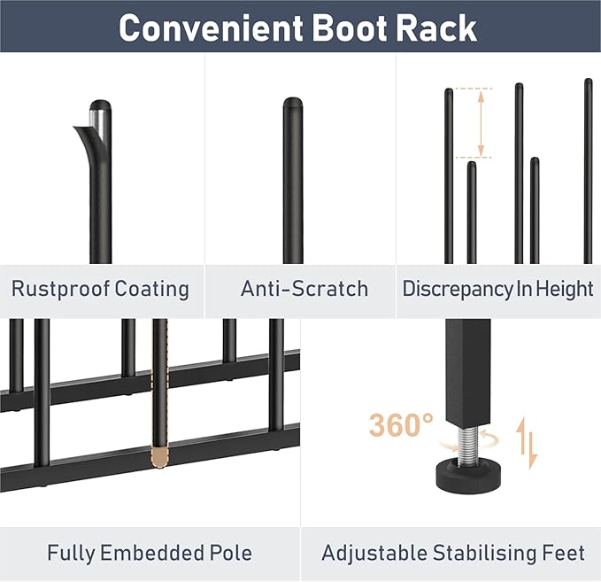 DIMJ Boot Rack 4-Tier - Black Metal Boot Storage Rack for Tall Boots Organizer, Multiuse Shoe Rack for Boots, Sneakers, High-Heel, Entryway, Fits 8-Pairs