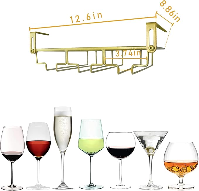 Adjustable Under Cabinet Stemware Holder - Metal Wine Glass Hanger Organizer for Kitchen, Bar, Shelf - Rustproof Hanging Storage Rack for 6-8 Glasses - Space Saving Decor (Gold, 3 Rows)