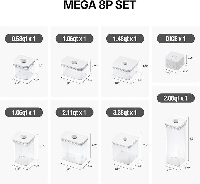 VAKUEN Premium Airtight Food Storage Containers Mega 8P/Set. Total 46.11cup, 7pcs Container and Vacuum Sealer. Smart One-Click Seal Lid, Patented Double Silicone Lining, 100% Leak Proof, BPA-FREE