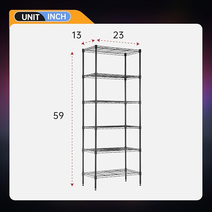 BestOffice Adjustable Wire Shelving Storage Shelves Heavy Duty Shelving Unit for Small Places Kitchen Garage (Black, 13 D x 23 W x 59 H)