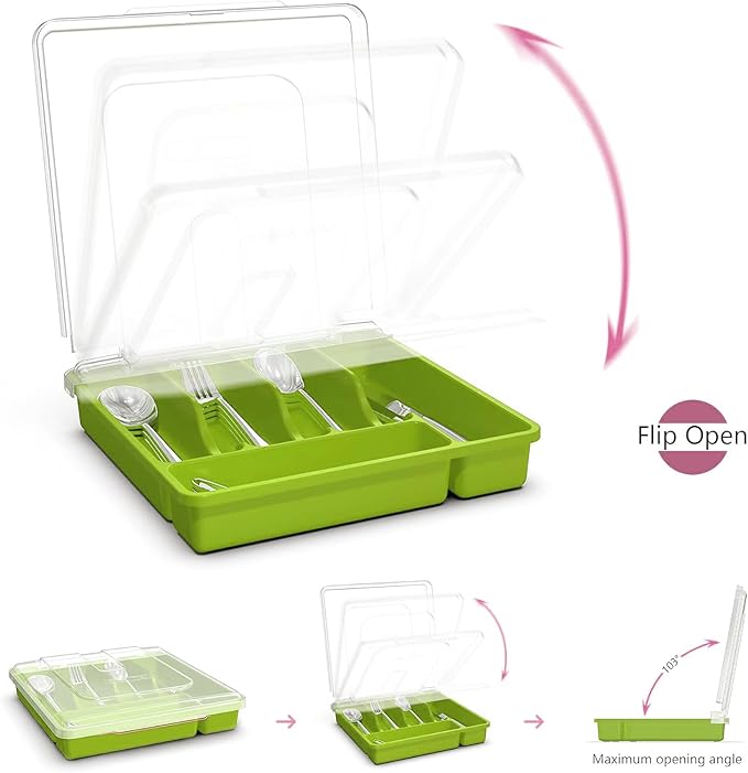 Utensil Holder for Countertop with Lid, Plastic Silverware Tray for Drawer (Green)