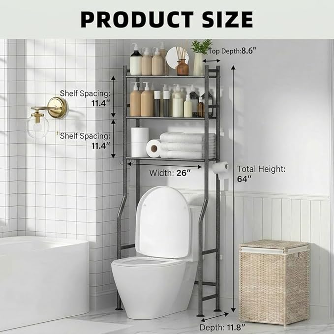 GloTika 3-Tier Over Toilet Storage with Anti-Tilt Safety System - 150lb Total Capacity Metal Bathroom Shelves Including Paper Holder & 4 Hooks, Space Saving Above Commode Organizer (64" H, Snow Black)