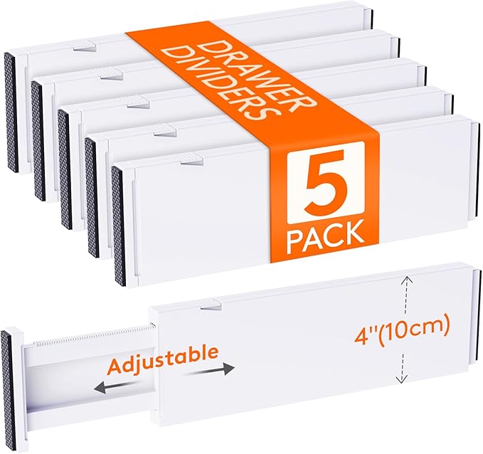 5 Pack 4" High Drawer Dividers 34-56cm/13.5-22" Adjustable Drawer Organizer